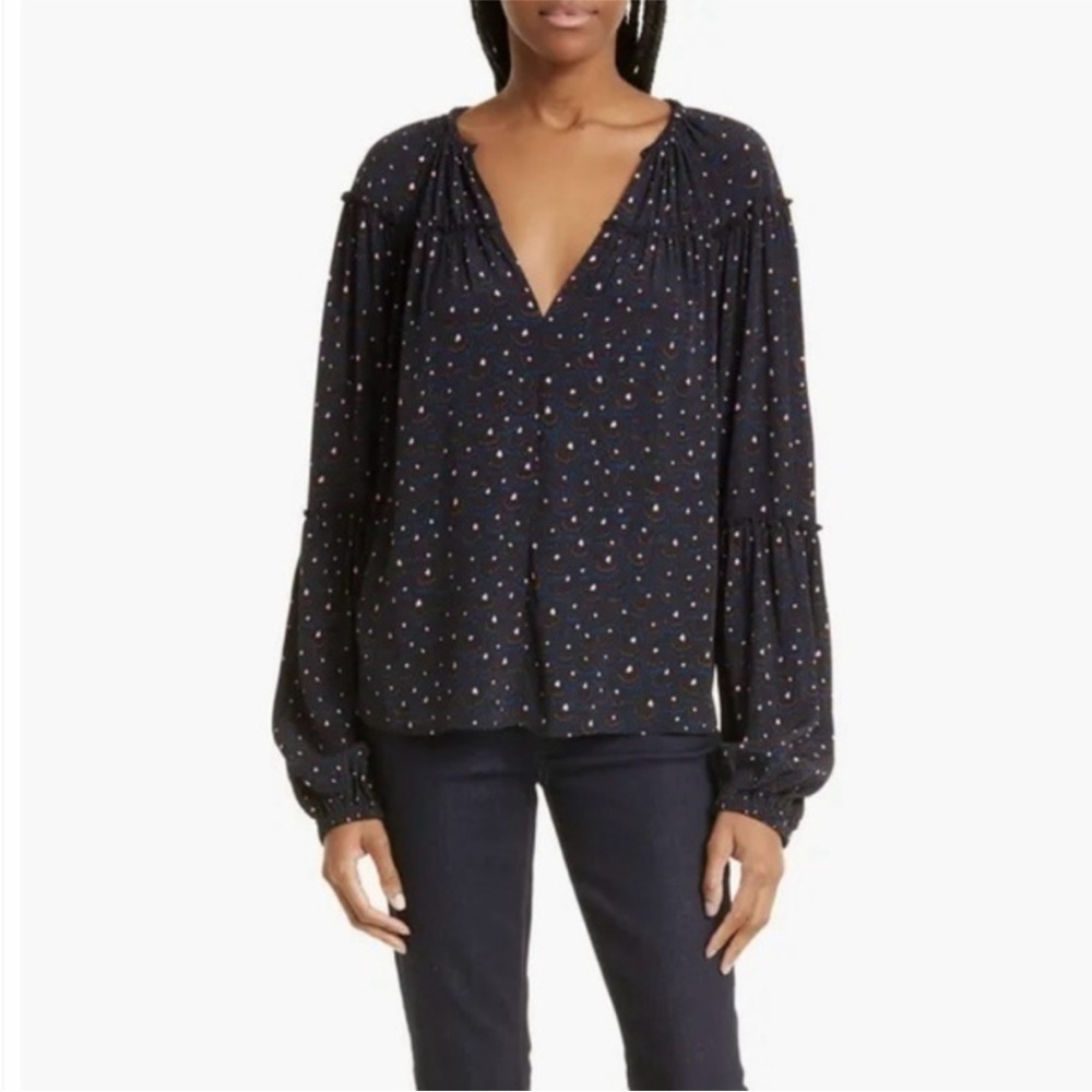 A.L.C. Jenna Abstract Print Peasant Top in Black/ Blue Multi Size 6